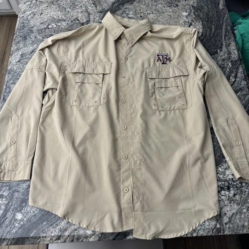 TAMU A&M Aggie Pro Celebrity Large Long Sleeve Vented Fishing Shirt - Beige