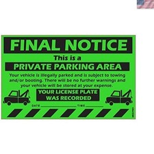 Tow Away Stickers Hard to Remove, Green Final Notice Warning, 8x5 100 pk