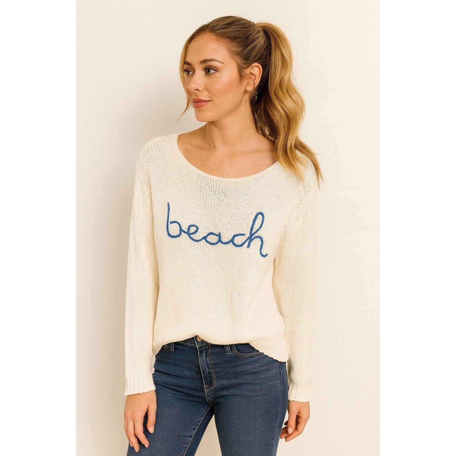 Wooden Ships Beach Embroidered Cream Knit Sweater Women's M/L