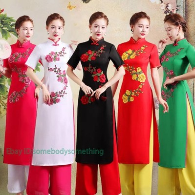 Women Vietnamese Ao Dai Dress 2PCS Cheongsam Dress Pant Embroidery Chinese Qipao
