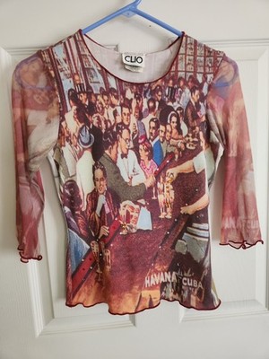 Clio Multicolored Poly/Lycra 3/4 Mesh Sleeve Stretch Top Sz Small Graphic Art