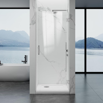 Frameless 32'' Single Swing Shower Door, 3/8'' Tempered Glass, Bright Chrome