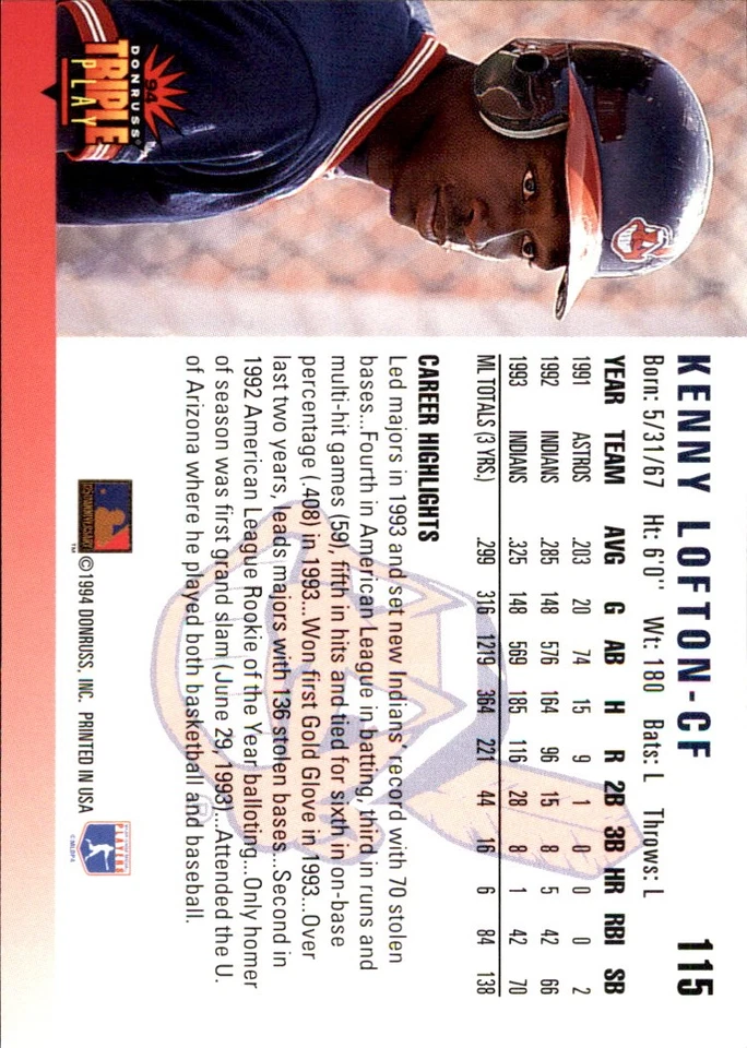 Kenny Lofton 1994 Triple Play #115 Cleveland Indians FREE SHIPPING AutographDen - Image 2 of 2