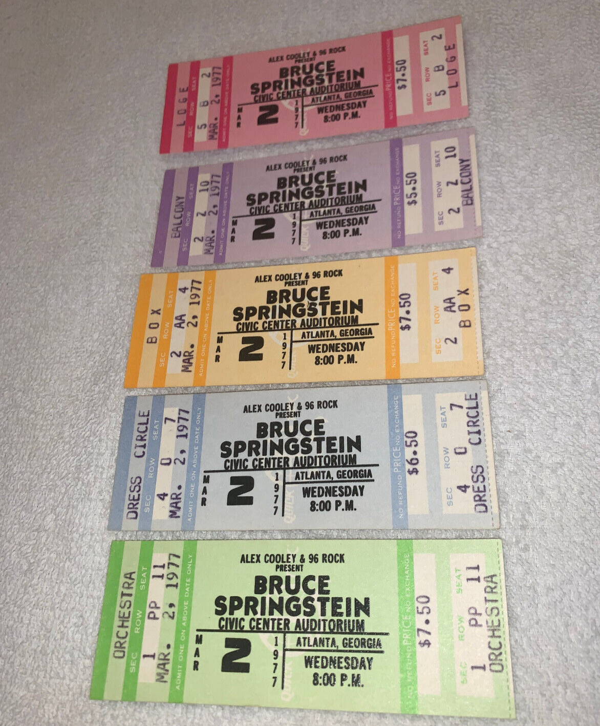 Bruce springsteen 5 original 1977 unused concert tickets atlanta civic center us