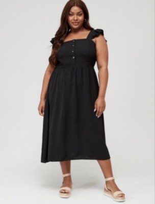 V by Very Curve Plus Midikleid mit Knopfleiste und Rüschen   schwarz UK-Größe 18