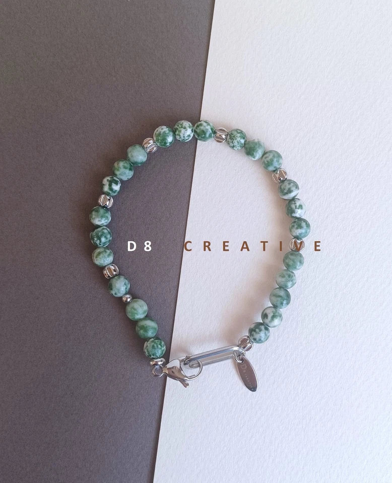 Nuevo Hombre Natural Mancha Verde Jaspe Piedra Con Plata Acero Inoxidable Pulsera Foto 2 de 4