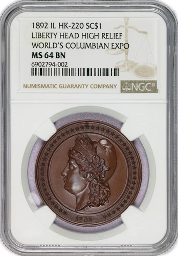 1892 SC$1 Columbian Exposition Liberty Head High Relief Bronze HK-220 NGC MS64