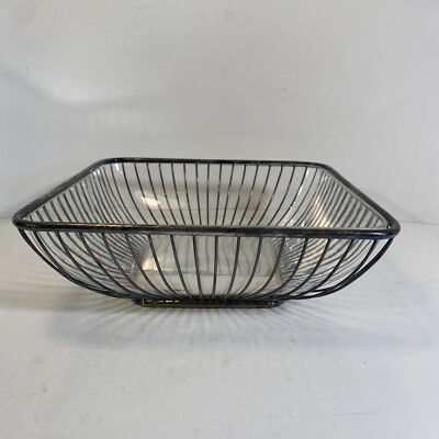 Vintage Square Glass Serving Dish w/ Metal Wire Basket Caddy Germany 8  by 8 