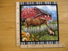 Country Life Horses Dog Barn Fence Flowers Blank Cotton Quilt Fabric Block 