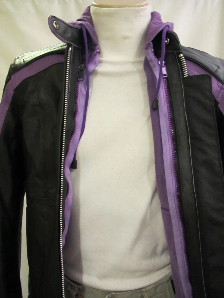 Womens Black & Purple Embroidered Leather Motorcycle Biker Jacket Zip Hoodie 2XL - Image 4 of 4