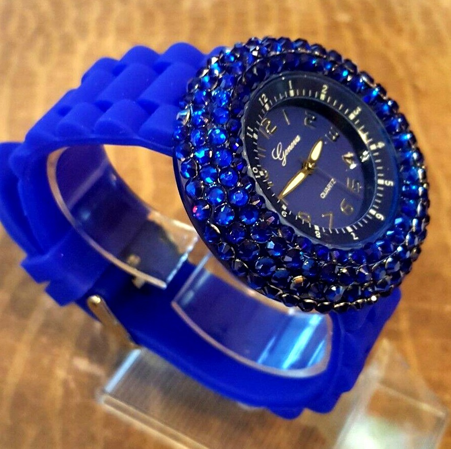 Silicone Band Wrist Watch 3 Row Blue Crystals Band Blue Face
