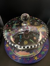 RARE Let Them Eat Cake Hand Painted Arcoroc France Glass Birthday Plate & Dome