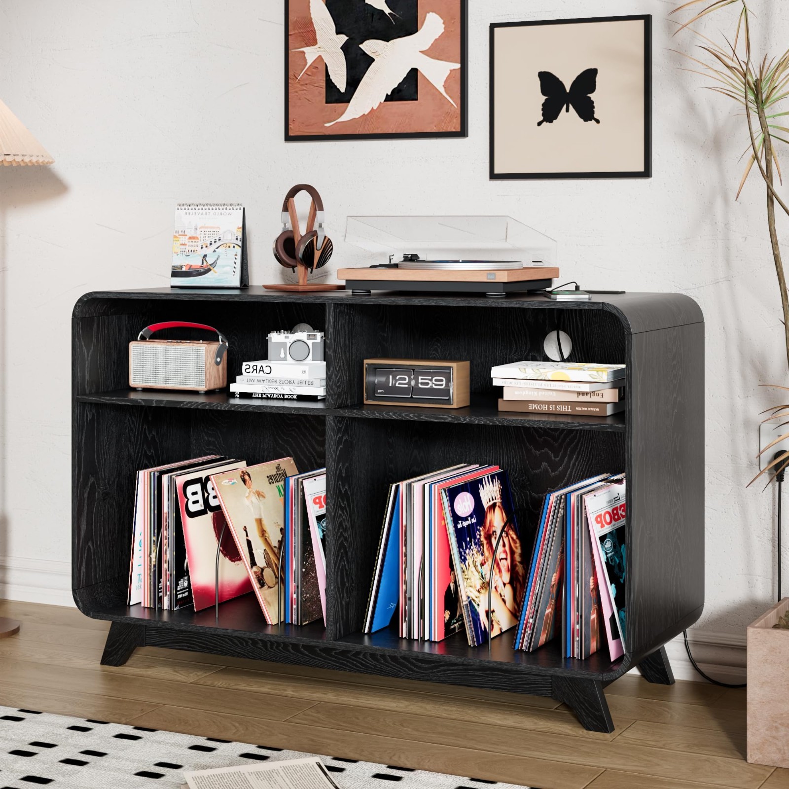 Stand With Vinyl Storage Cabinet With Charging Station & Usb