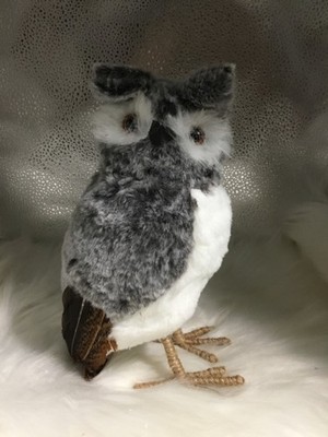 NEW Gray Faux Fur & Real Feathers 8  Owl Bird Rustic Realistic Christmas Decor
