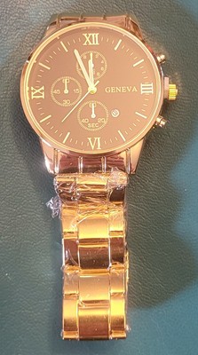 NEW Men s Black Dial Gold Band Geneva Quartz Watch Battery Powered UMID321GB