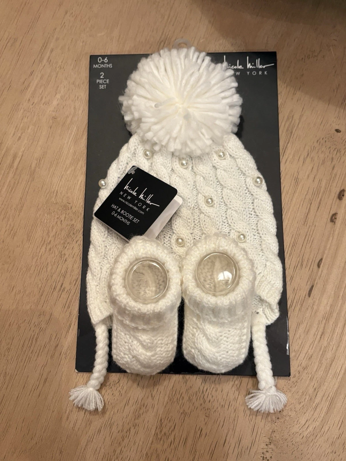 Nicole Miller Baby 2 Piece White Cable Knit Hat And Bootie Set