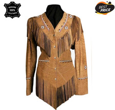 Women's Brown Suede Leather Fringe Jacket Western Style Beaded Cowgirl Jacket