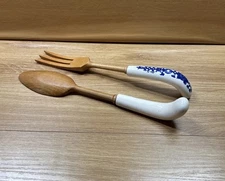 Vintage Salad Servers Wood Fork And Spoon With Porcelain Handles