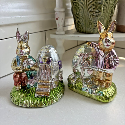 Bunny with Egg Shaped Country Cottage Ceramic Metalic Painted Figurines