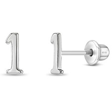 Polished Number Kids / Children's / Girl Earrings Screw Back - Sterling Silver