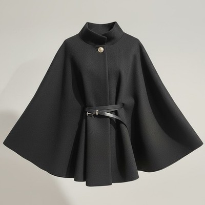 Poncho Damen schwarz elegant Cape Jacke Mantel Übergang Umhang Gürtel One Size