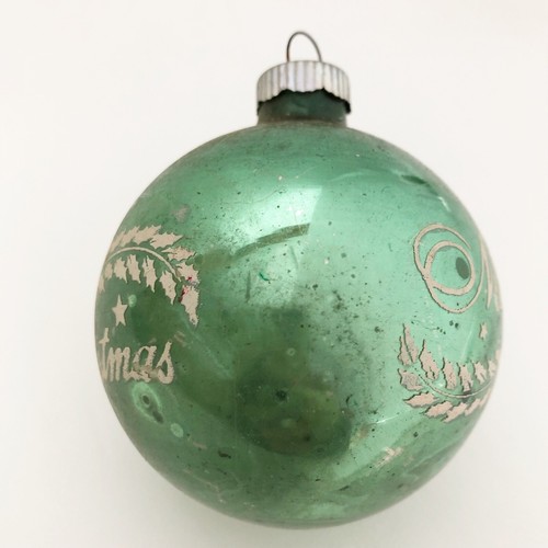 VTG Shiny Brite Stencil Merry Christmas Ornament Mint Jadeite Green 2.5” Patina - Picture 2 of 7
