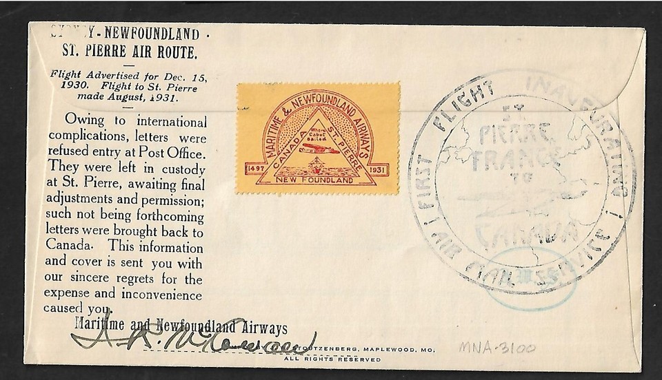 NEWFOUNDLAND CANADA TO NEW JERSEY US AIRMAIL CINDERELLA ON 1st FLIGHT