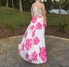 Pink and white floral prom dress