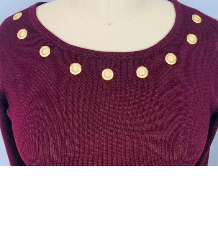 👗🔴🖤N.Y. Collection Burgundy Knit Asymmetrical Gold Grommets Long Sleeve Sz PM - Image 2 of 4
