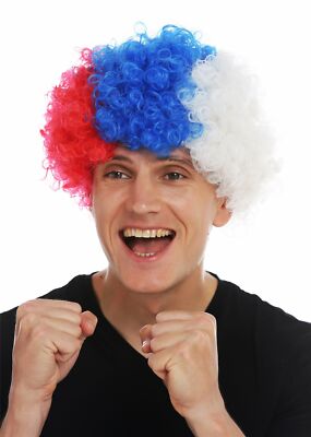 Perücke Karneval Clown kraus Locken Krauskopf Rot Blau Weiß Afro Fan-Perücke 