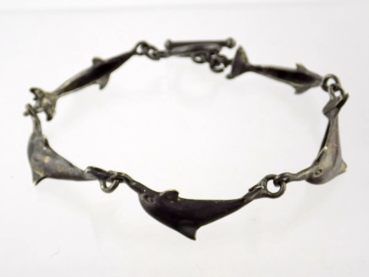 Vintage Mexico Sterling Silver Dolphin Link Bracelet Toggle Clasp