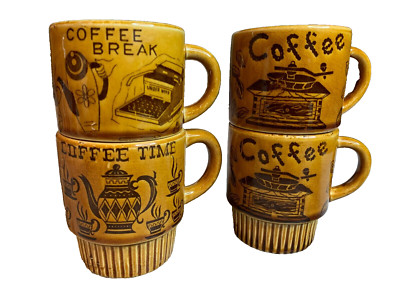 Vintage JAPAN Coffee Cups Mugs Stackable Stacking Atomic Underwood Typewriter