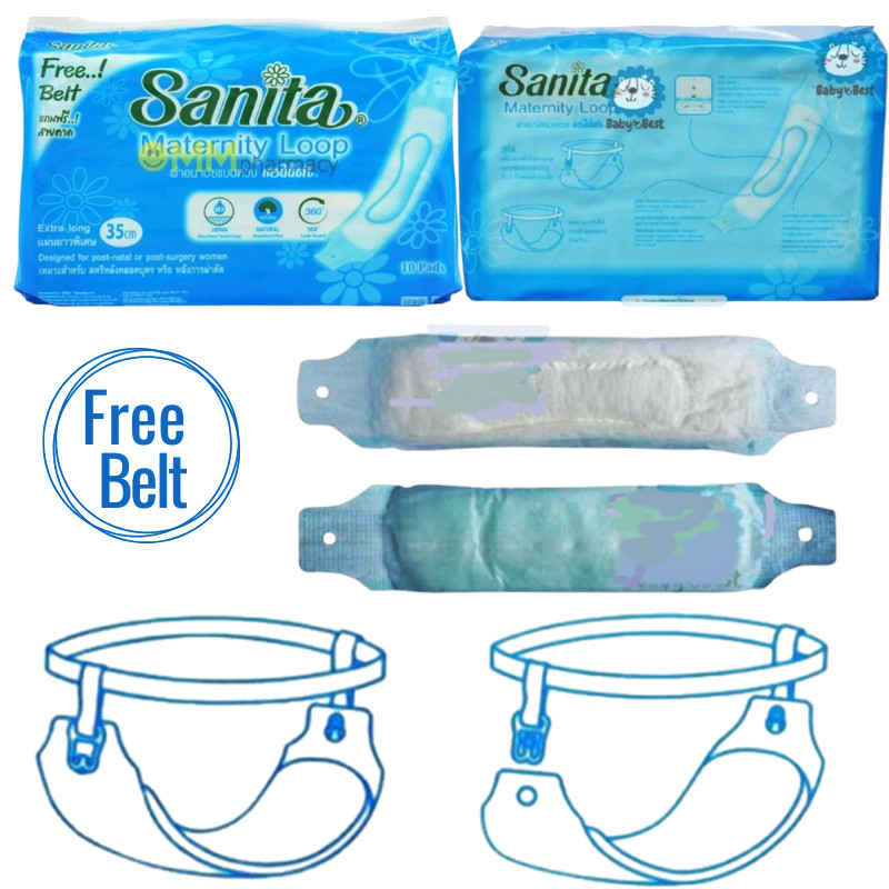 Sanita Sanitary Napkins Towels Loop Type 10 Pads Free Belt Hospital Extra Long