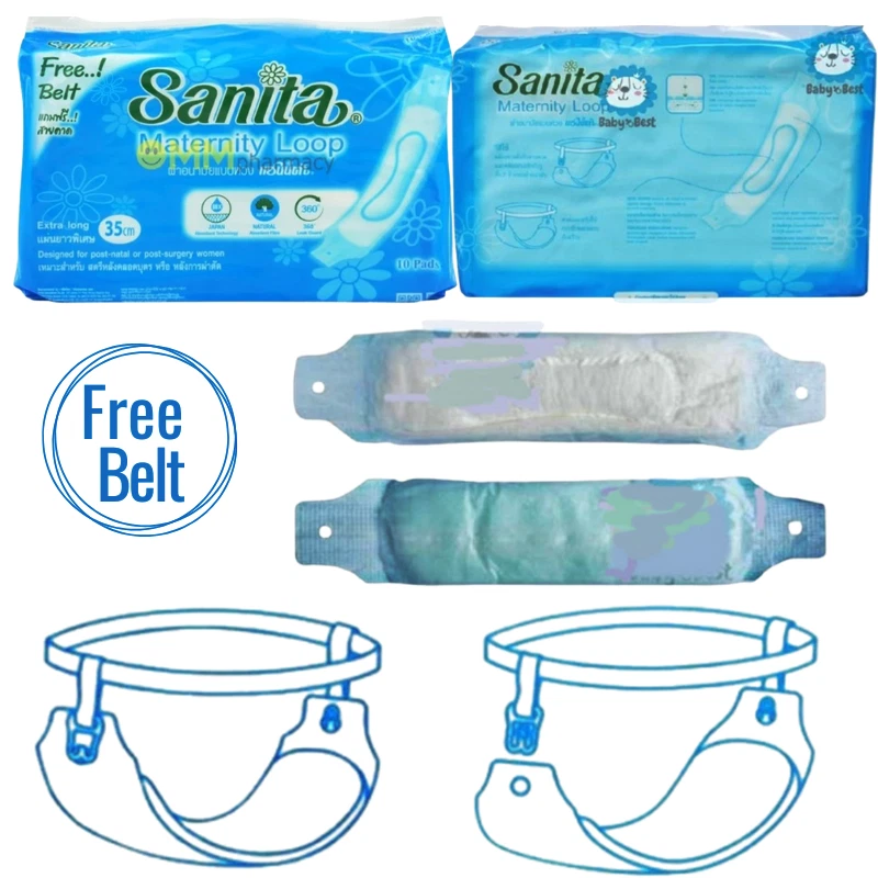 Sanita Sanitary Napkins Towels Loop Type 10 Pads Free Belt Hospital Extra Long - Picture 1 of 7