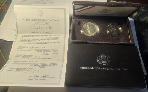 1989-S Silver Congressional 2 Coin Set Commemorative Dollar/Half Dollar COA+Box