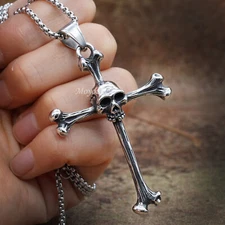 Mens Gothic Biker Skull Cross Pendant Necklace Chain Men Stainless Steel Gift