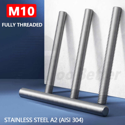 M10 Fully Threaded Bar Screw Rod Studding DIN 976 30mm-300mm Stainless Steel A2