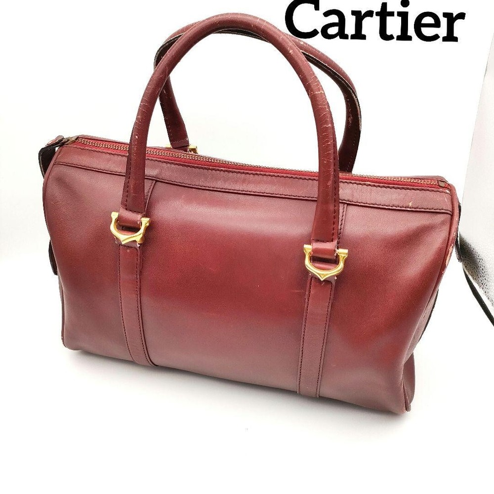 must de Cartier's Leather Bordeaux Boston Bag Vintage Unisex W34cm USED