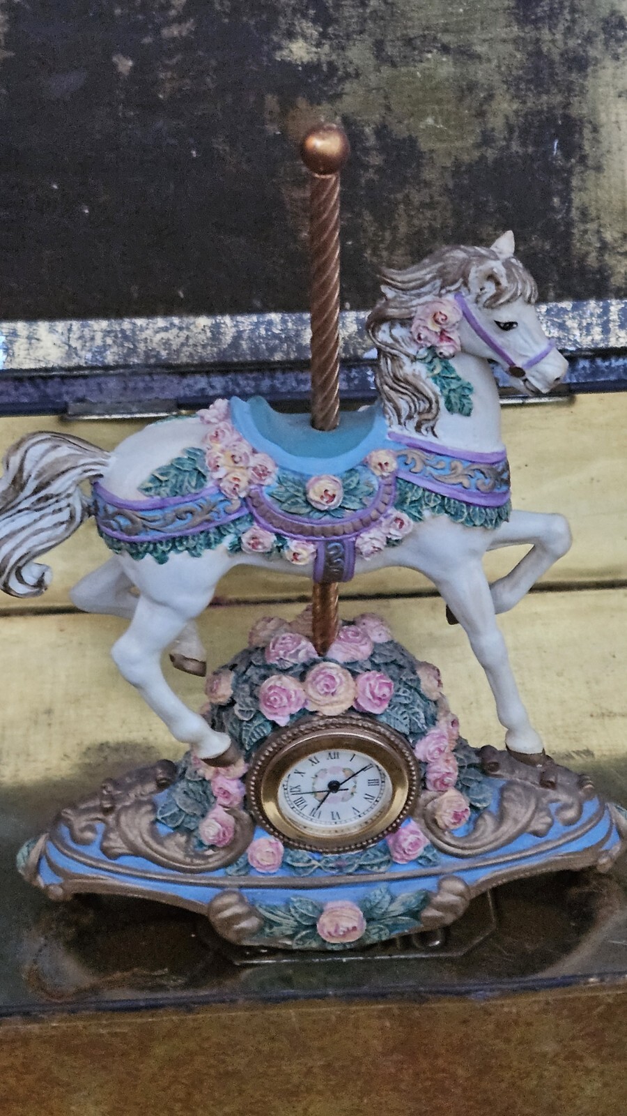 Carousel Rose Clock Figurine Hand Painted Limited Edition Horse App. 7