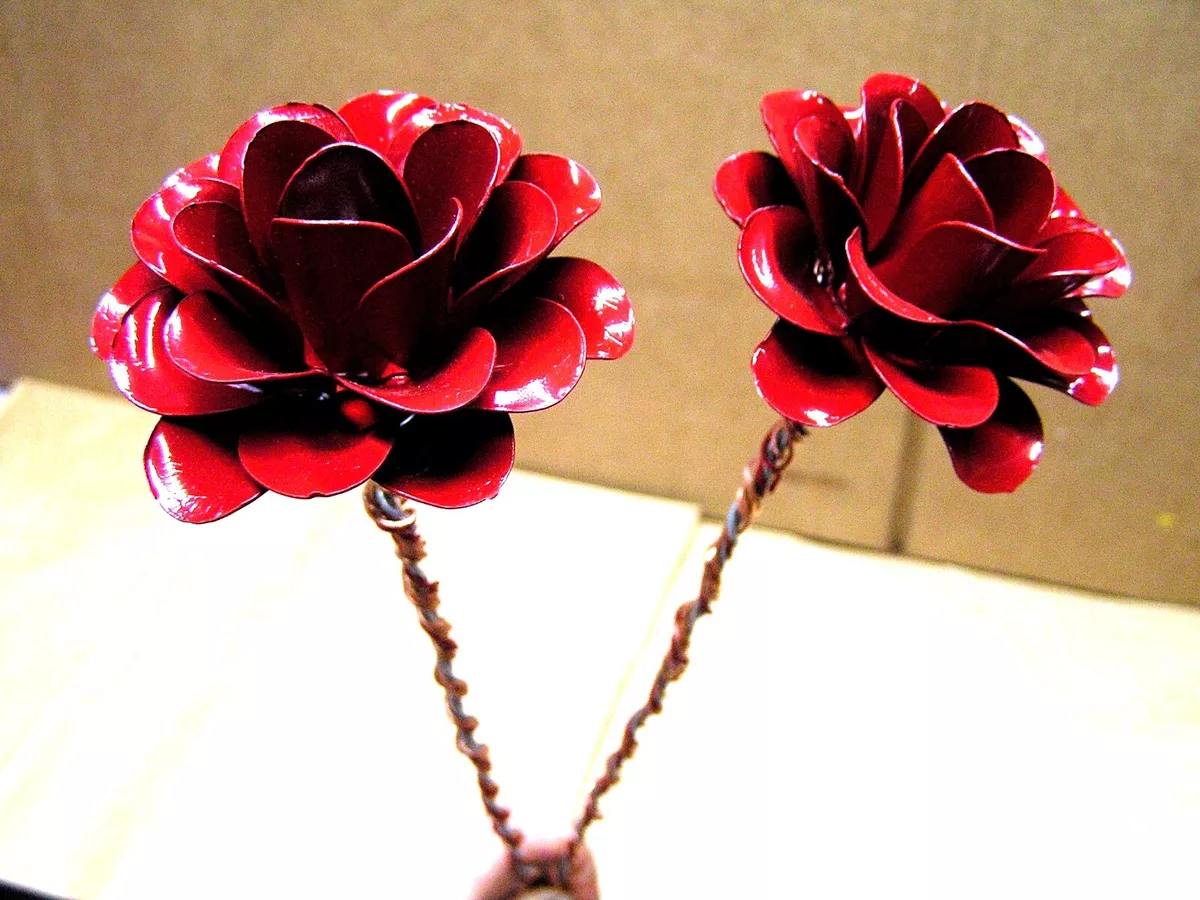 TWO Large metal RED rose flowers with wrapped wire STEMS