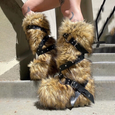 Cross Belt Buckle Chunky Heels Snowy Boots Womens Warm Faux Fur