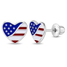 Patriotic Heart Kids / Children's / Girls Earrings Enamel - Sterling Silver