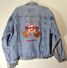Vintage 90s Hard Rock Cafe Denim Trucker Jacket Hollywood Dual Guitars Size L