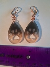 Black Carmel Paw Print 1.25 Inch Dangle Resin Earrings Copper Finding Handmade