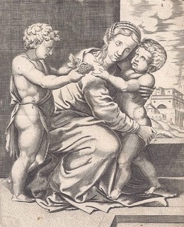 Gravure XVIe Vierge à l'Enfant St Jean Baptiste grappe de raisin école Italie