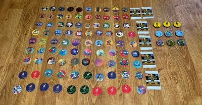Vintage 90s Pog Lot of 107 pogs with 9 Slammers coca-cola, olympic, etc. Mixed