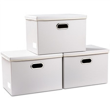 Large Stackable Storage Bins with Lids 3-Pack Leather Fabric Foldable Storage