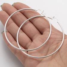 2mm X 70mm 3" Large Plain Polished Hoop Earrings Real 925 Sterling Silver 6.7gr