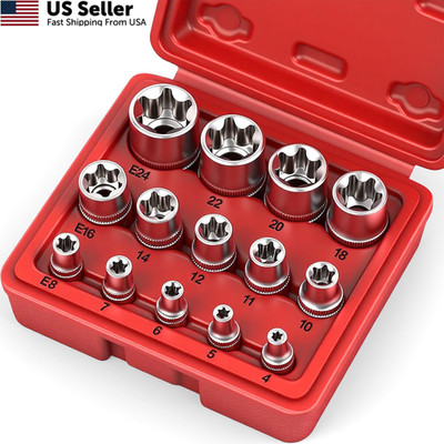 SEDY 14-Piece E-TORX Socket Set - Premium Female Torx 1/4'' 3/8'' 1/2'', Silver 