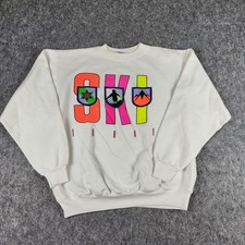 VTG 80s 90s Hanes Ski Tahoe Sweatshirt Men XL White Blue Bar Pullover USA Made